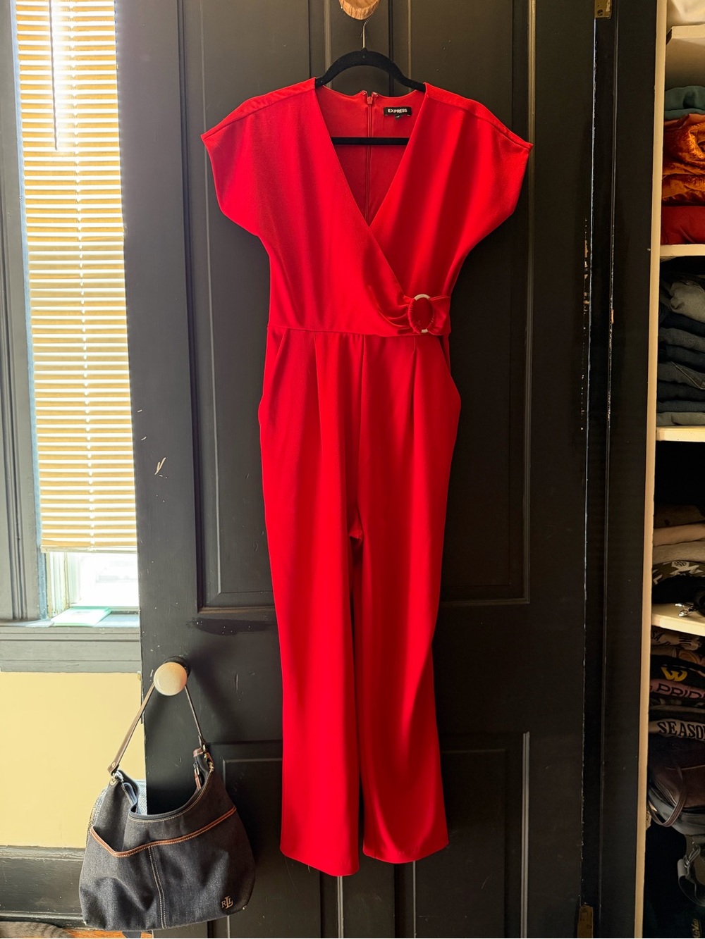 Express Red Wrap-Front O-Ring Wide-Leg Jumpsuit with Pockets. Small Petite